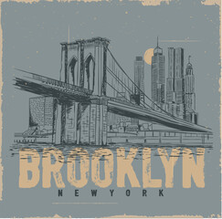 brooklyn bridge, new york Brooklyn city, illustration bridge, fashion t-shirt print - obrazy, fototapety, plakaty