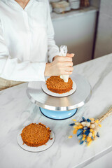 Confectionery, baking and cooking concept - woman making cake in the kitchen at home. The process of creating bento cake