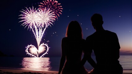 Silhouette of a couple watching fireworks on a beach
