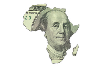 map of africa on a american dollar money texture on the white background. finance concept.