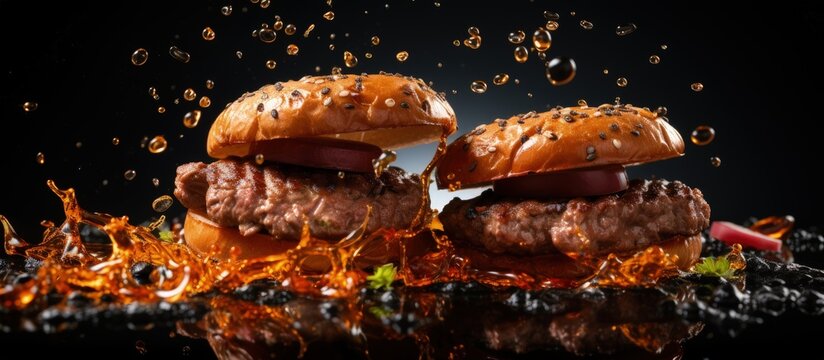 Beef meat flying on grilled hamburger isolated on black background Concept of flying food high resolution image with copyspace for text