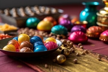 Burning diya lamps for Diwali festival, Hindu religion celebration. Colorful Easter eggs in a bowl with traditional indian ornaments