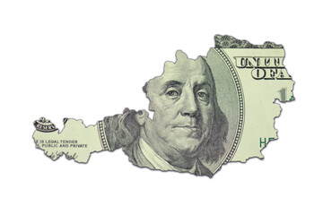 map of austria on a american dollar money texture on the white background. finance concept.