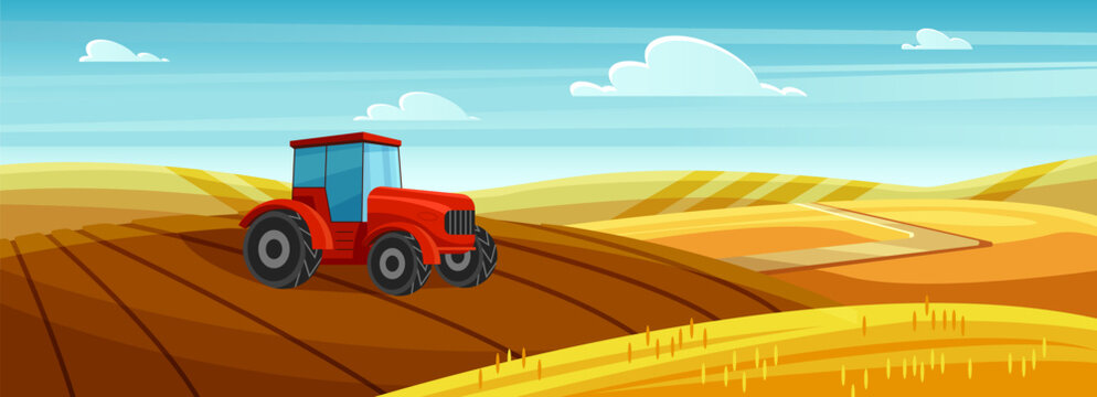 Farm tractor in village landscape vector illustration. Cartoon agricultural machine working, farming in wheat yellow field on countryside hills, agriculture work of farmers in summer and autumn season