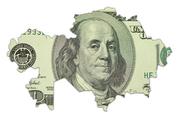 map of kazakhstan on a american dollar money texture on the white background. finance concept.