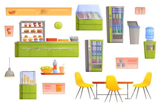 School canteen, cafeteria or cafe interior set vector illustration. Cartoon isolated university campus buffet with food on shelves, counter with snacks and cakes, table and chairs, vending machine