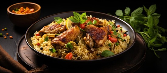 Chicken Mandy a traditional Saudi Arabian dish is a top view of the national cuisine combining chicken kabsa with rice mandi with copyspace for text - obrazy, fototapety, plakaty
