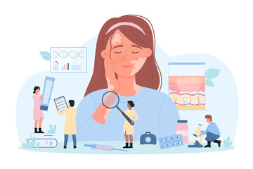 Diagnosis and treatment of vitiligo vector illustration. Cartoon tiny people with magnifying glass examine skin of giant happy woman with vitiligo, dermatologists treat autoimmune disease of epidermis