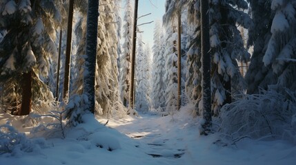 A deep snow forest with towering trees and a pristine, untouched landscape