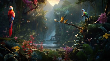 A dense rainforest with exotic birds and colorful orchids