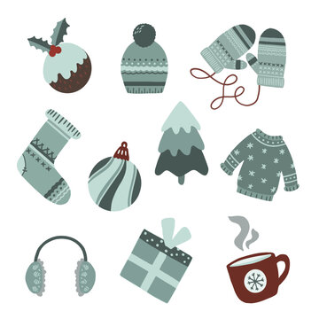 A set of warm Christmas items. Hat, mittens, scarf, sweater, New Year's toys, warm socks. Vector images of clothes, things from the cold.