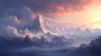 A snowy mountain range bathed in the soft light of dawn