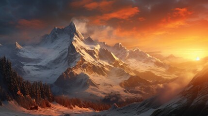 A snowy mountain range bathed in the golden light of sunset
