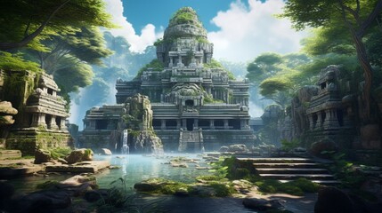 captivating depiction of a secluded island paradise featuring a mesmerizing waterfall, enchanting snow-covered woods, and an ancient temple nestled in the heart of a lush rainforest