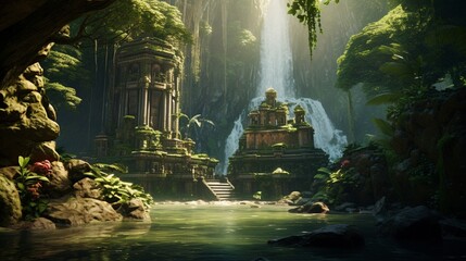 enchanting scene showcasing the harmonious coexistence of a magnificent waterfall, lush rainforest, and a snow-covered forest on a remote island, with a hidden historical temple