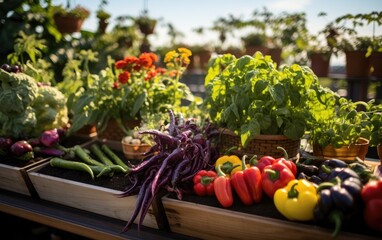 Vibrant rooftop vegetable and herb garden, with rows of thriving plants and a sustainable gardening setup. Generative AI