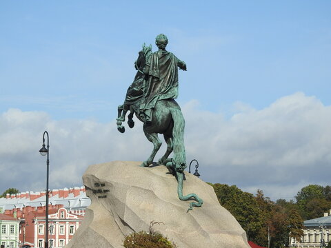 statue of tsar peter the first in saint-petersburg, view from the back