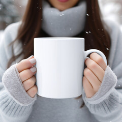 white mug mockup, winter style, woman hand holding mug