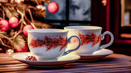 Obraz premium Cozy Cups of Christmas Coffee and Tea Warm Hearts During the Advent Season's Joyful Festivities Wallpaper Digital Art Background Cover Magazine