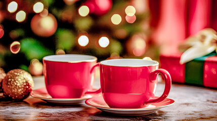 Obraz na płótnie Canvas Cozy Cups of Christmas Coffee and Tea Warm Hearts During the Advent Season's Joyful Festivities Wallpaper Digital Art Background Cover Magazine