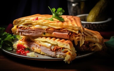 Delicious Cuban sandwiches with ham and cheese on a plate