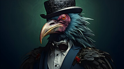 the bird is wearing a dark suit, in the style of photorealistic surrealism, aleksandr deyneka, corporate punk, colorful costumes