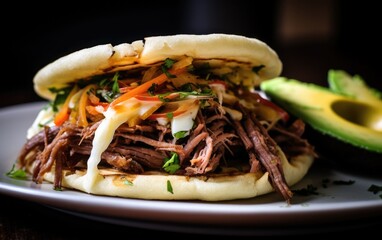 Arepas filled with savory ingredients like cheese, shredded beef, and avocado on a plate - obrazy, fototapety, plakaty