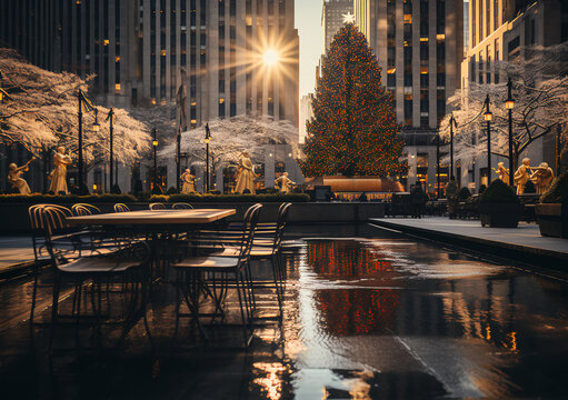 Christmas tree decorations on the street, rainy weather
