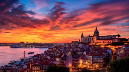 Sunset over downtown Lisbon (Portugal), as seen from Alfama - obrazy, fototapety, plakaty