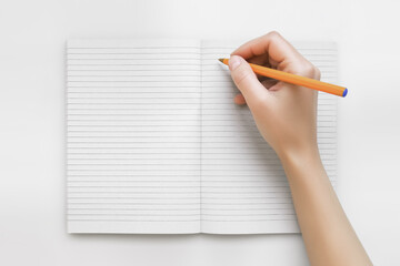 woman writes in a notebook, top view