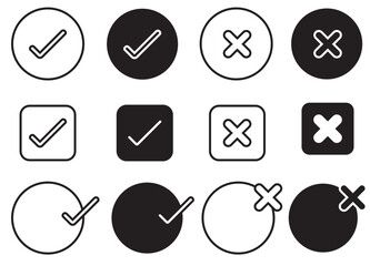 black and white icons set, icon set, set of check and cross icons