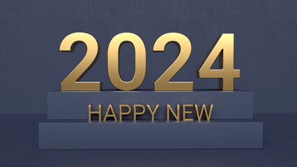 Happy new 2024 background. 3d gold text on dark blue background. 3d render illustration - 656732380