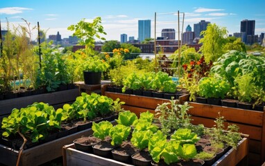 Vibrant rooftop vegetable and herb garden, with rows of thriving plants and a sustainable gardening setup. Generative AI