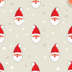 Funny cartoon Santa Claus and snowflakes.Seamless Christmas pattern with cute character head and snowfall.Winter holidays colorful background.Print on fabric and paper.Vector illustration on gray.
