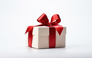 Beautifully wrapped red and white Christmas present on a white background