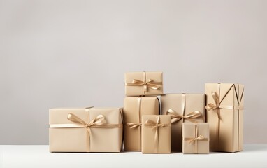 Beautifully wrapped golden Christmas presents on a gray background