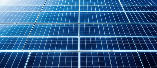 Bird s eye view of blue solar panels on building roof for generating clean power Renewable energy concept with copyspace for text