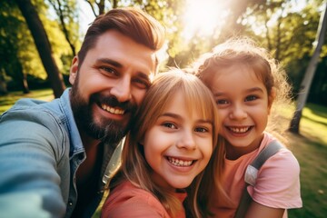 Fototapeta premium Happy caucasian family of parents and two children taking selfies smiling