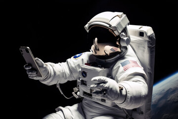 Astronaut using smartphone in outer space, generative ai