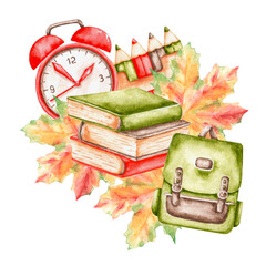 Back to school watercolor illustration. School supplies. Books, backpack, alarm clock, colored pencils, autumn leaves. September 1. School poster, sticker, greeting card, planner.