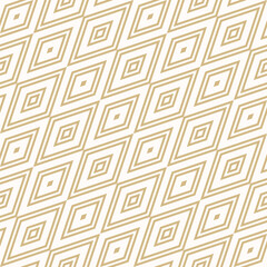 Abstract rhombuses geometric seamless pattern. Golden vector background with lines, diagonal linear diamonds. Simple plaid ornament. Elegant gold and white graphic texture. Repeat luxury geo design