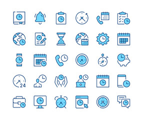 Time icons set. Vector line icons. Blue color outline stroke symbols. Modern concepts