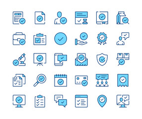 Check mark icons set. Vector line icons. Blue color outline stroke symbols. Modern concepts