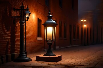 A photorealistic 3D rendering of a vintage street lamp against a brick wall at night.