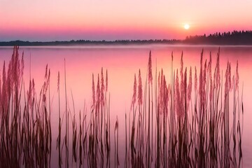 A photorealistic 3D rendering of reeds on the shore of a lake at pink foggy sunset. 