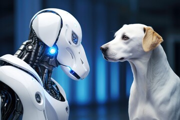 A white dog standing next to a white robot dog. Generative AI.