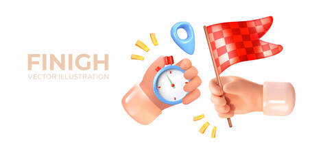 Stopwatch and finish flag in hand. Man holding a Checkered race flag. In 3D style. Vector illustration.