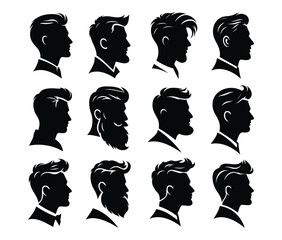 The guy's face in profile.
Men's black silhouette icons on a transparent background. Vector set of human head for stencil, illustration of a person