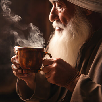 Old man drinking coffee, man with beard drinking coffee, monk drinking coffee