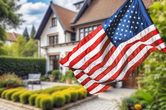US flag displayed in front of house for patriotism, AI generated image